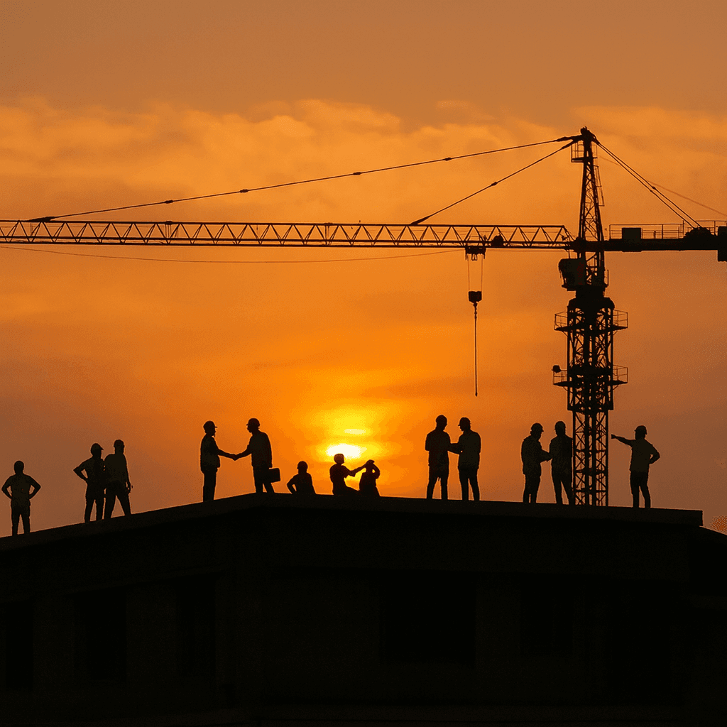 Construction workers on a site at sunset
